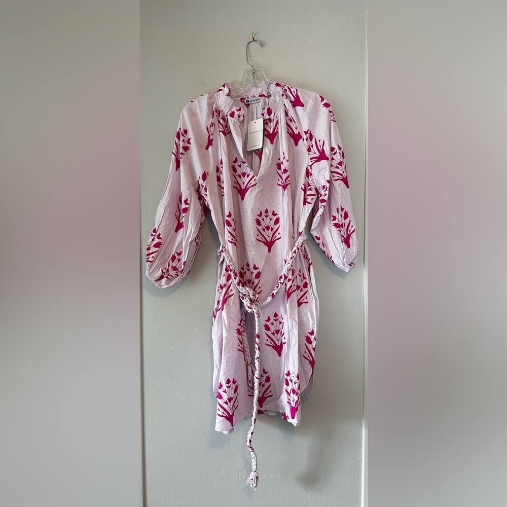 Tuckernuck Caryn Lawn Cotton  Dress White Pink Print Belted Puff Sleeve OS - Picture 3 of 5